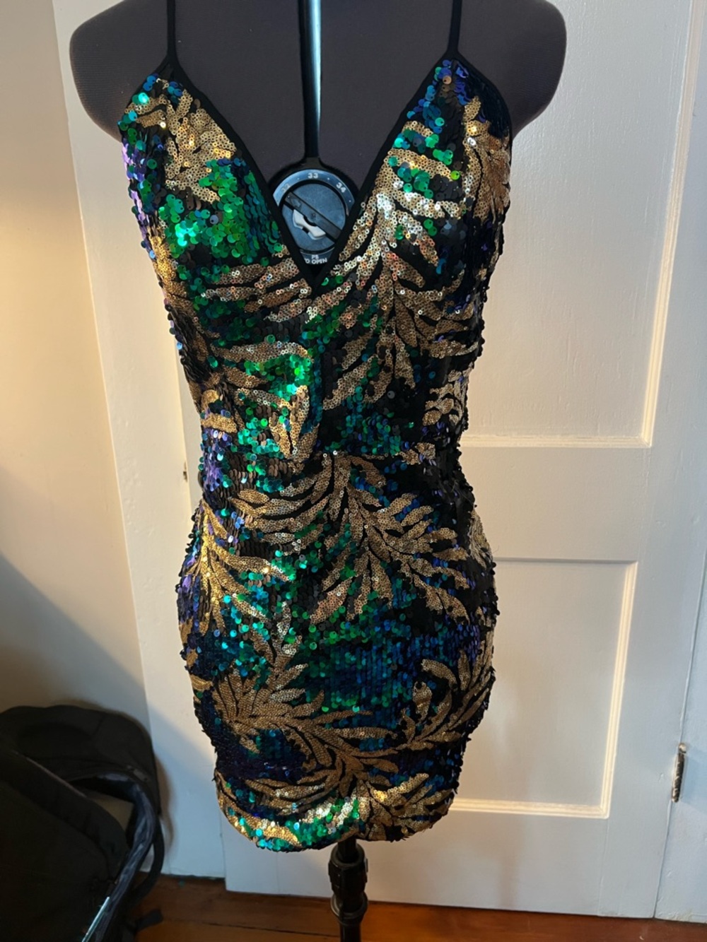 Gold & Emerald Sequin Mini Dress with Spaghetti Straps